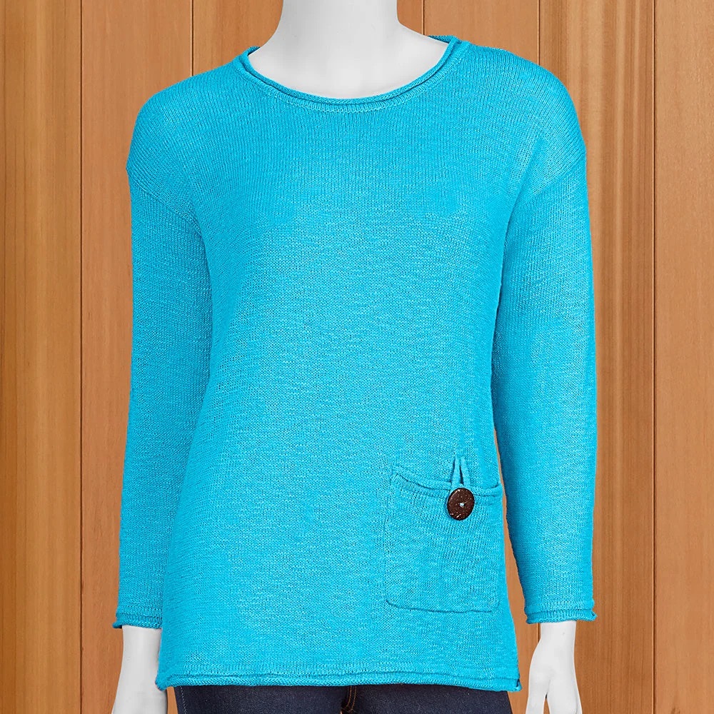 Lulu-B Bright Turquoise Knit Sweater with Pocket Button